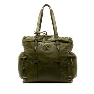 Gucci Drawstring Tote Double GG Bag Khaki Green Leather